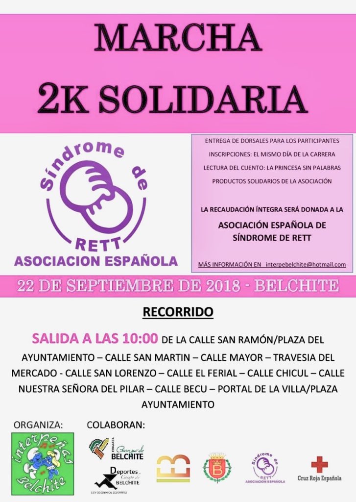 Ponte en Marcha!
Os invitamos a la Marcha Solidaria a favor del síndrome de #Rett que se celebrará en #Belchite (Zaragoza) el sábado 22 de septiembre organizada por <a href="/interpebelchite/">Interpeñas Belchite</a> , con la colaboración del Ayto., el Servicio Comarcal de Deportes, <a href="/CruzRojaZgz/">Cruz Roja en Zaragoza</a> y muchos amigos!