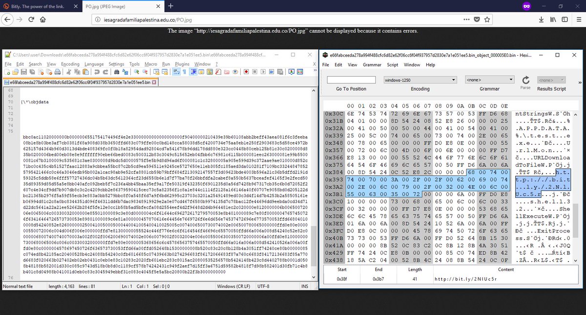 DissectMalware's tweet photo. #mal #rtf (exploiting #equation3) dlls a malware using #urlmon.dll #URLDownloadToFile func and exes it using #shell32.dll #ShellExecute func
https://t.co/xEbxJe7x8G
#mal #url hxxp://iesagradafamiliapalestina.edu.co/PO.jpg #rtf https://t.co/68o1Vrip9q
#pe https://t.co/68o1Vrip9q https://t.co/Tgh4xcVrQK