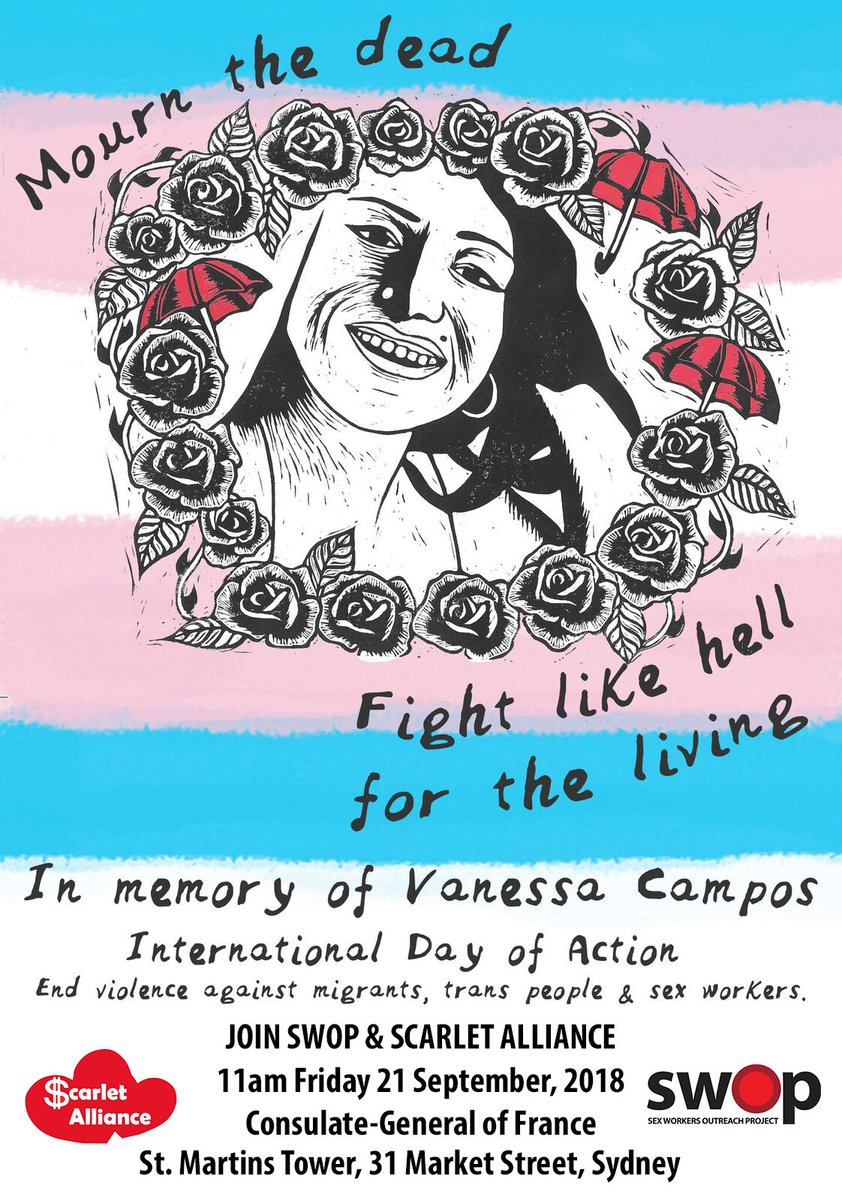 SWOPnsw's tweet image. Join SWOP and @scarletalliance at the Sydney event of an International Day of Action in memory of #VanessaCampos. Protest outside the Consulate-General of France THIS Friday at 11am. Details on the flyer. #VAW