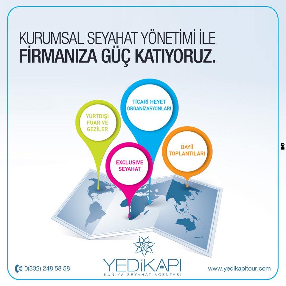 Kurumsal seyahat yönetimi ile firmanıza güç katıyoruz!
Yurt dışı fuar ve geziler, ticari heyet organizasyonları, exclusive seyahat, bayii toplantıları ve daha fazlası için; 
Hemen bizi arayın kurumsal seyahatinizi beraber planlayalım.
0(332) 248 58 58
#kurumsalseyahat #seyahat