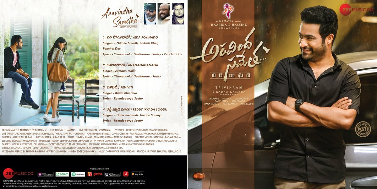 The full songs jukebox of #AravindhaSametha *ing Young Tiger <a href="/tarak9999/">Jr NTR</a> and <a href="/hegdepooja/">Pooja Hegde</a> will be out tomorrow. An <a href="/MusicThaman/">thaman S</a> musical. Here's the track list &amp; cd cover :