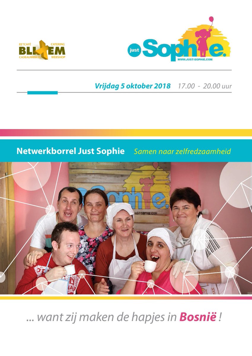BliXemEetcafe's tweet photo. Op 5 oktober vindt de #netwerkborrel van Stichting Just Sophie plaats in #BliXem, wees erbij!
#netwerken #justsophie #bosnia #sociaalondernemen #leerwerkbedrijf https://t.co/H5sQqYWZBT https://t.co/wJ1chRaFJT