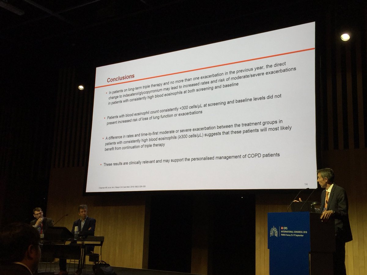 Karen_Pinachyan's tweet photo. Last but not least, can say this about this presentation: in patients with low #eosinophils and <1 #COPD #exacerbation /year triple therapy direct change to #LAMA/#LABA was OK, as presented by #JohnHurst in @ERSTalk #ERSCongress  last session chaired by #GuyBrusselle https://t.co/reSUqLaTUI
