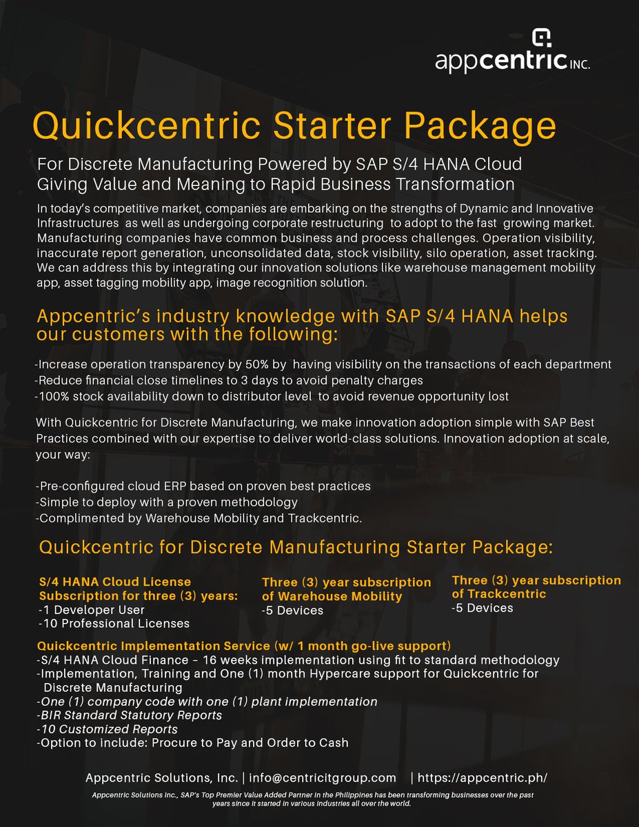 AppcentricPH's tweet image. Quickcentric Starter Package for Discrete Manufacturing
In today’s competitive market, companies are embarking on the strengths of Dynamic and Innovative infrastructures as well as undergoing corporate restructuring to adopt to the fast-growing market.
#appcentricPH
#SAP