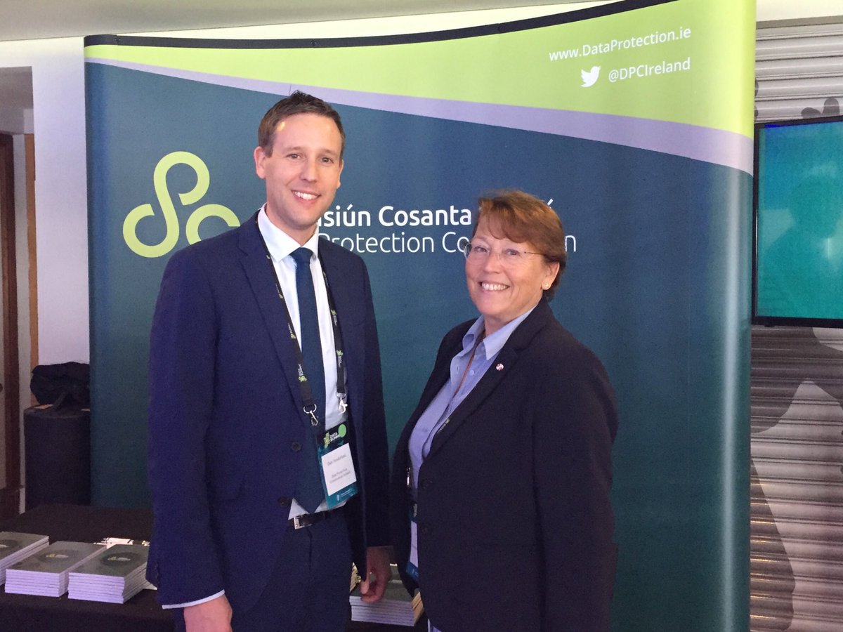 DPCIreland's tweet photo. ⁦@DPCIreland⁩ Deputy Commissioner Dale Sunderland with ⁦@EU_EDPB⁩ chair Andrea Jelinek ⁦@DataSummit2018⁩ #DataSummitDublin #EUdataP https://t.co/erM7zR9mii