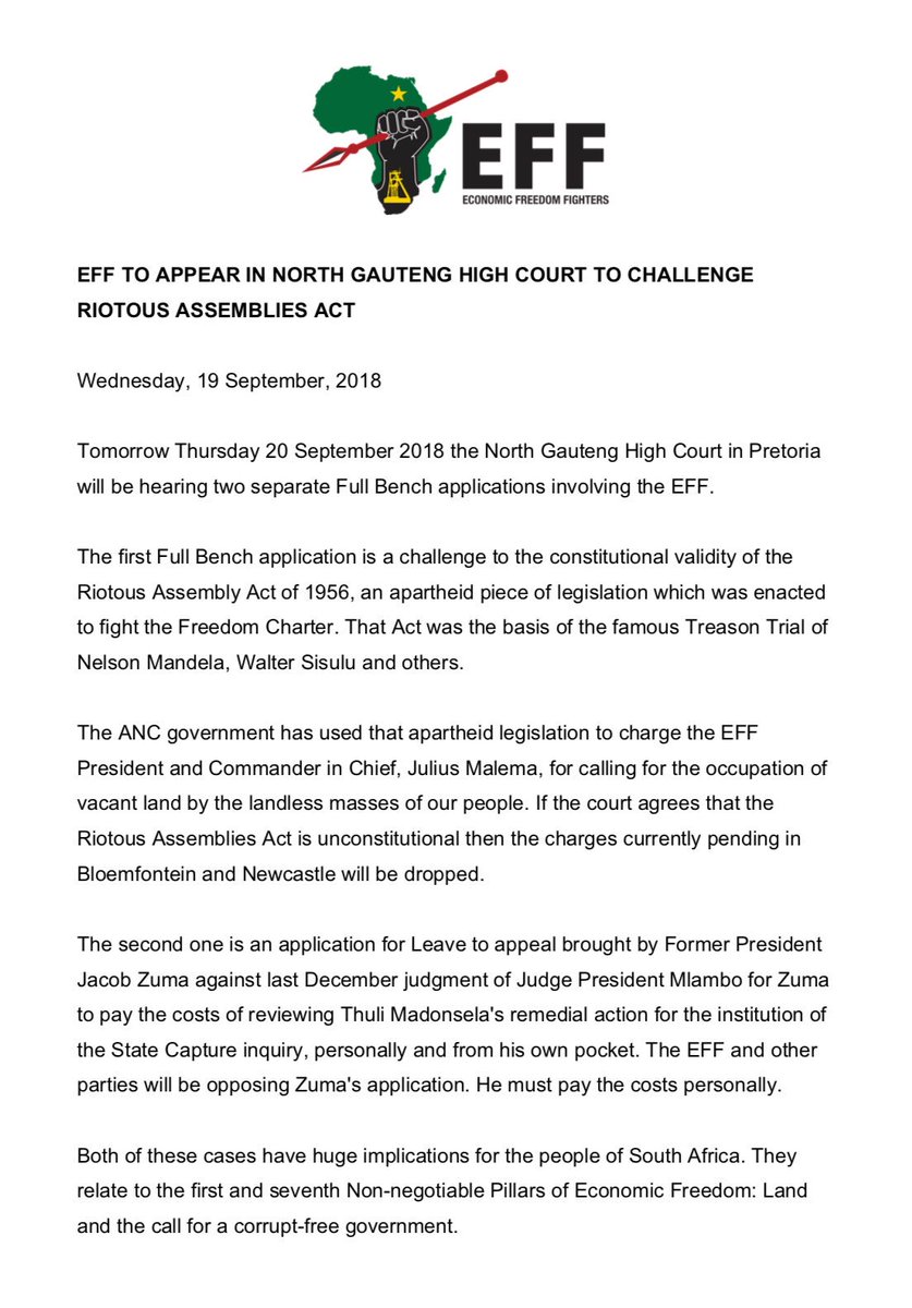 EFFSouthAfrica's tweet photo. EFF TO APPEAR IN NORTH GAUTENG HIGH COURT TO CHALLENGE RIOTOUS ASSEMBLIES ACT https://t.co/PrAYT8kU3i