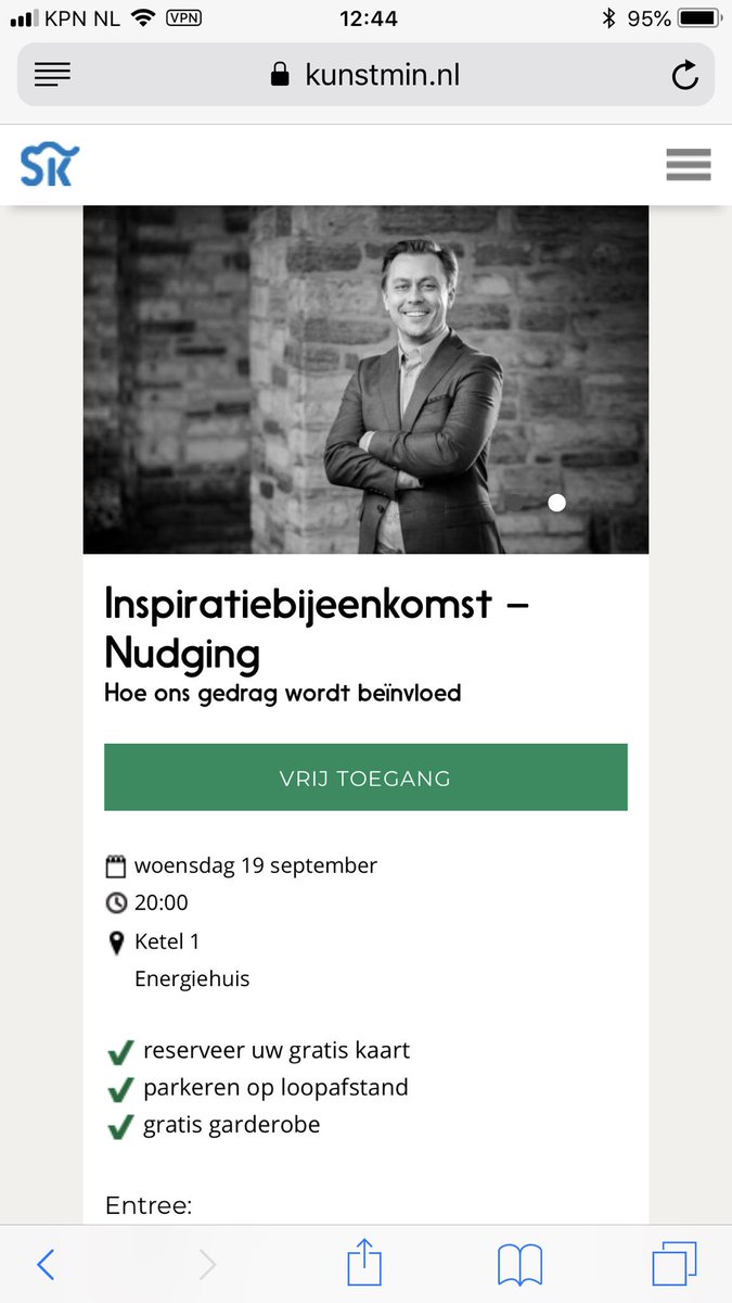 Vanavond, 19 september, Inspiratiesessie over ‘Nudging’ in #Energiehuis #Dordrecht, met Pelle Guldberg Hansen. Hoe beïnvloed je gedrag? #Fascinerend. Uitverkocht, maar wachtlijsten en er komen altijd een paar mensen niet ...;) kunstmin.nl/programma/insp…