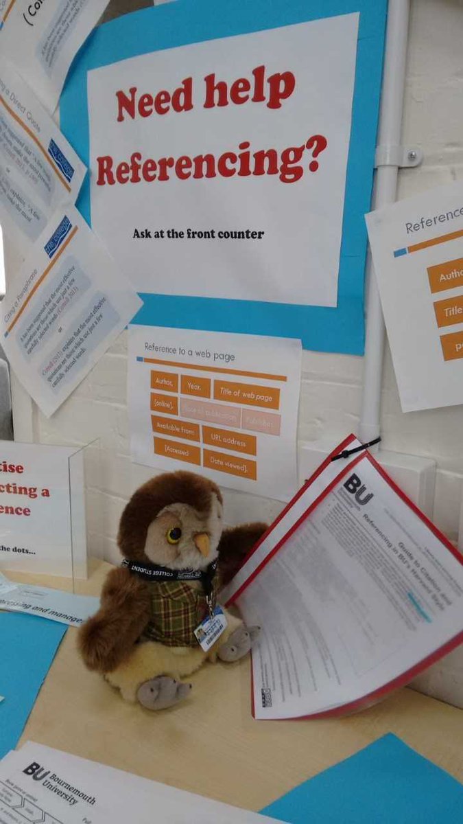 LibraryBPC's tweet image. LRC mascot, Atticus Owl, is getting to grips with the NEW 2018-19 BU #HarvardReferencing guide – out now! #Plagiarism #bibliography #Referencing