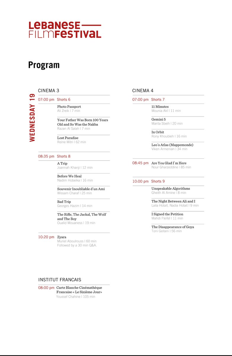 LebFilmFestival's tweet photo. Hello and welcome back to Day 3 of the #LebFF2018! Here is today's program enjoy the films.
Tickets are 10,000LL for each session, and you can get them both online or at the ticket stand @cinemacitysouks https://t.co/uHA5xZmQvj