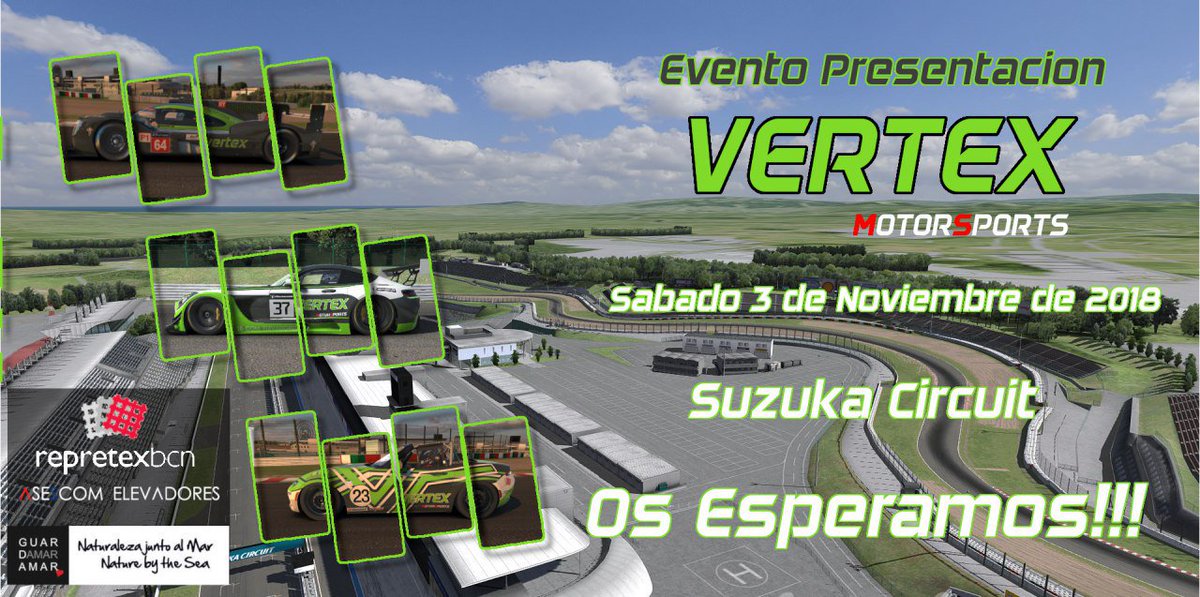 Os esperamos a todos en el evento presentación de Vertex Motorsports.
El sábado 3 de Noviembre,  carrera resistencia 3 horas. Venir al mítico circuito de Suzuka con vuestros LMP1, GT3 o el Mazda MX5. 
PFretwittear <a href="/Gtseri3s/">GTSeries</a> <a href="/iRacing_es/">iRacing.es</a> <a href="/ichigosan2008/">ichigosan2008</a> <a href="/CarlosGomis87/">Carlos Gomis</a>