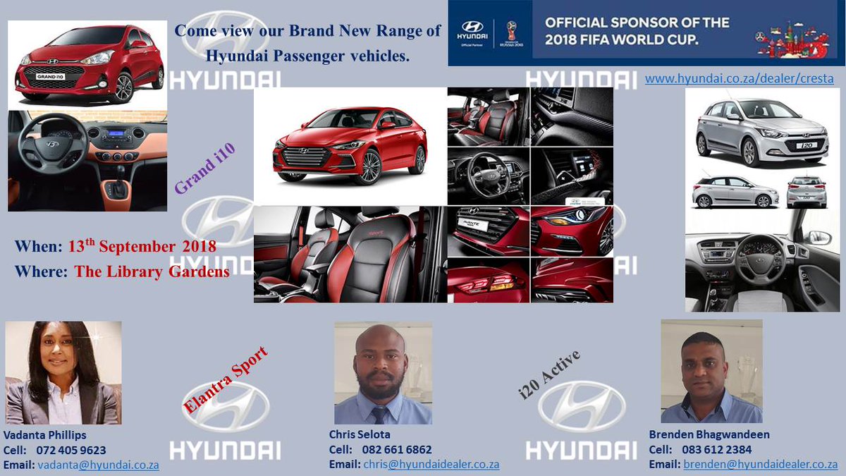 SDLUWits's tweet image. “Light the way to Freedom” 
Come and experience the “New” range of Hyundai vehicles at the Library Lawns on 13 September 2018 from 9am to 4pm.

Simply view the Hyundai range, fill in an entry form and stand a chance to win branded items.

Proudly brought to you by Hyundai Cresta.