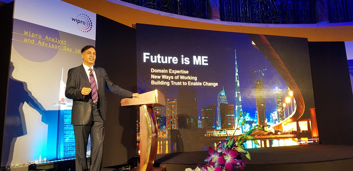 R4Ranjita's tweet photo. "The #futureisme, the future is #ME!" Milan Rao, President #Technology & #Transformation @Wipro talks of how our future is about #personalization #connectedness #trust & #innovation. #WiproAnalystAndAdvisorDay @NuNaveen @gssahni @BiancaGhose @Sinha_Garima @BurjAlArab https://t.co/vr8aP3AExI