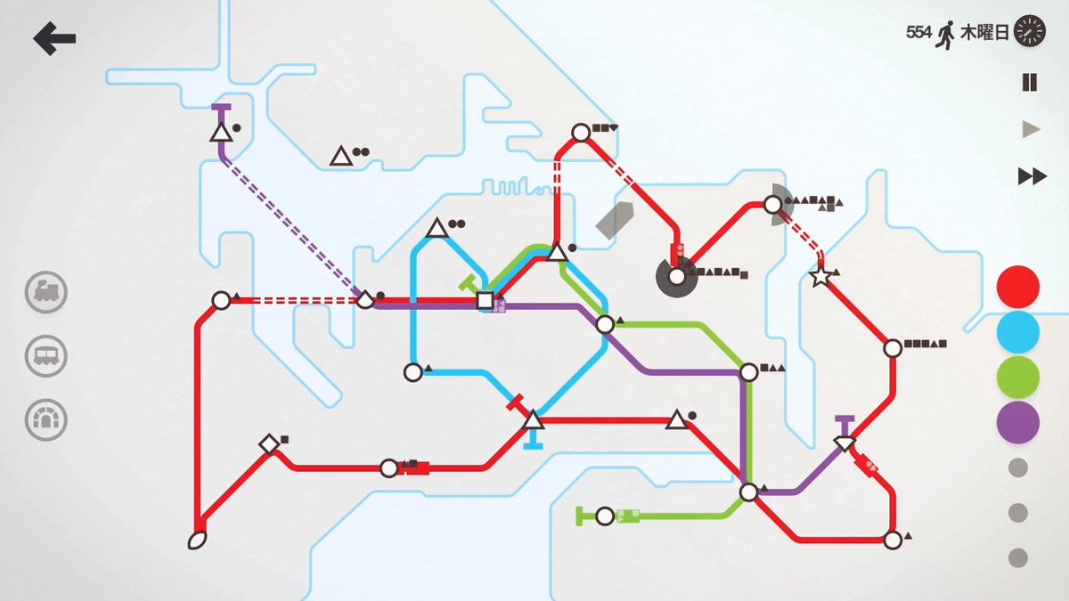 『Mini Metro』をプレイ中。
う～ん……うまく乗客が回っている路線を眺めるのが心地よい！そして音が気持ちよくて癒されますね。
1回のプレイ時間が短いので、移動時間にぼちぼち進めて、やっと「オークランド」まで来ました。環状線が効率よいので好きです。  #MiniMetro
ec.nintendo.com/JP/ja/titles/7…