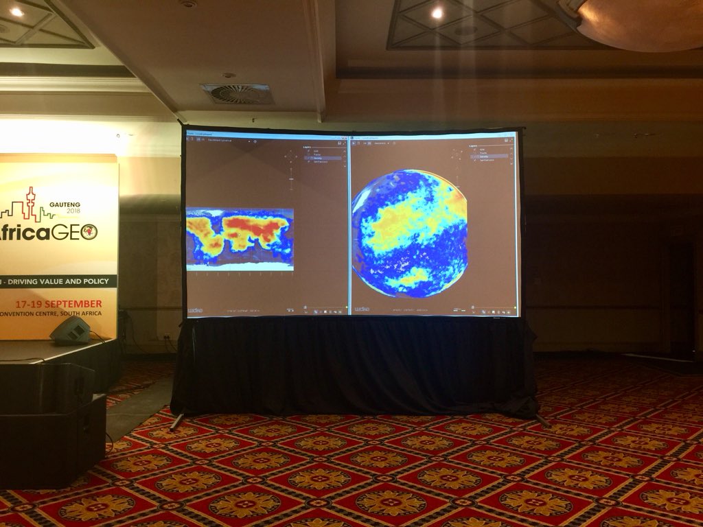 AfricaGeoConf's tweet photo. Christoph De Preter shares images of real-time aircraft mapping including views which indicate density of aircraft at any given time.  @HexGeospatial @doylersa #AfricaGEO2018 #GIS #locationdata https://t.co/ikQQLniLmY