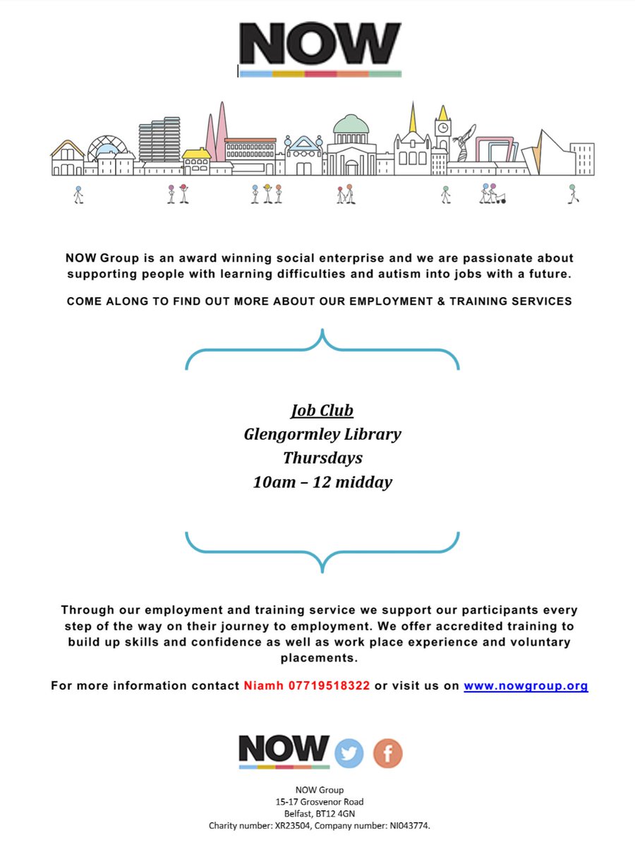 NOW's Newtownabbey Job Club will take place at Glengormley Library 10am - 12 midday every Thursday #NOWGroup #autism #JAMcard #SupportedEmployment #Newtownabbey