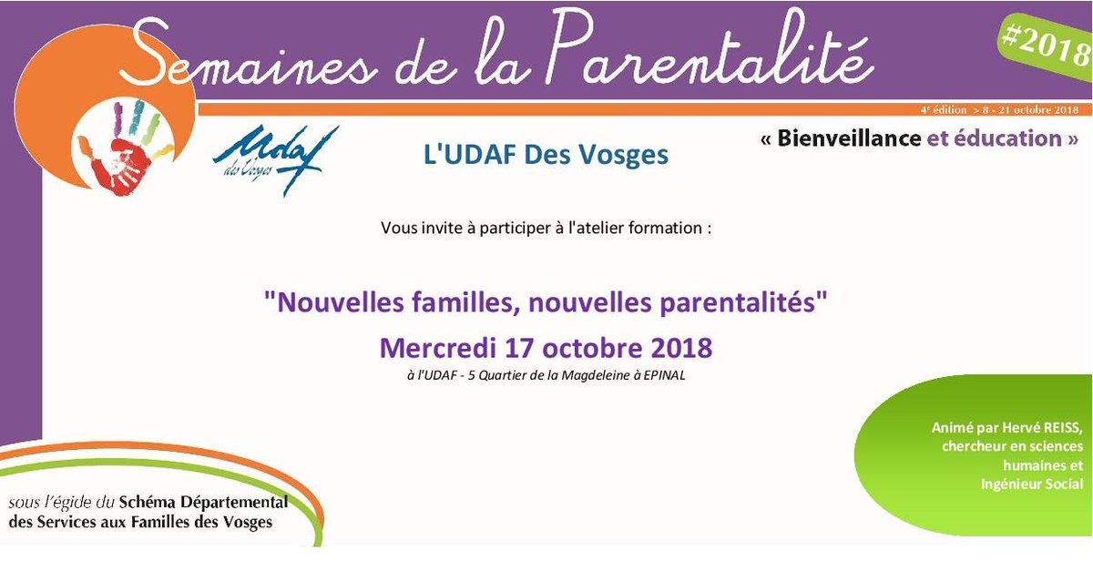 Dans le cadre des semaines de la #parentalité l'#UDAFDESVOSGES organise un atelier de formation-interactive "Nouvelles familles, nouvelles parentalités" s'adressant aux professionnels. Il aura lieu le 17 octobre prochain de 14h00 à 17h00 dans les locaux de l'UDAF à Épinal.