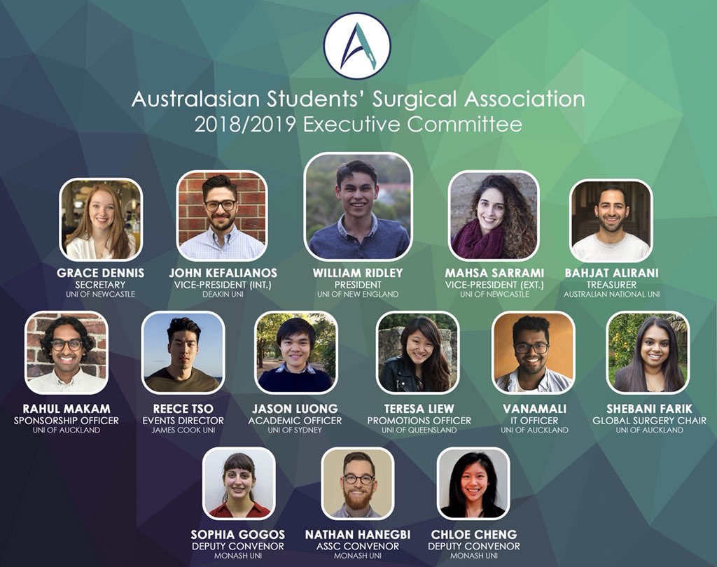 Very excited to be announcing the new 2018-2019 ASSA executive! Congratulations to the new team and look forward to an amazing year ahead! 

<a href="/surgconference/">ASSC 2022</a> <a href="/WillERidley/">William Ridley</a> <a href="/MahsaSarrami/">Mahsa Sarrami</a> <a href="/_gracedennis/">Grace Dennis</a> <a href="/bahjatalirani/">Bahjat Alirani</a> <a href="/shebani_farik/">Shebani Farik</a>