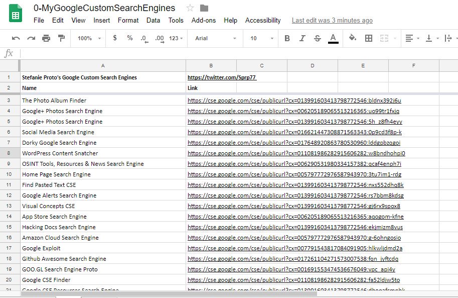 sprp77's tweet photo. Spreadsheet of my Google custom search engines https://t.co/5uwjRrxjkE #GoogleCSE #OSINT #searchtools #SEO #searchengine #search #googlesearch #googlecustomsearch #CSE #customsearch #google #SearchEngineOptimization #infosec #SOCMINT https://t.co/HBbc3ivYRK
