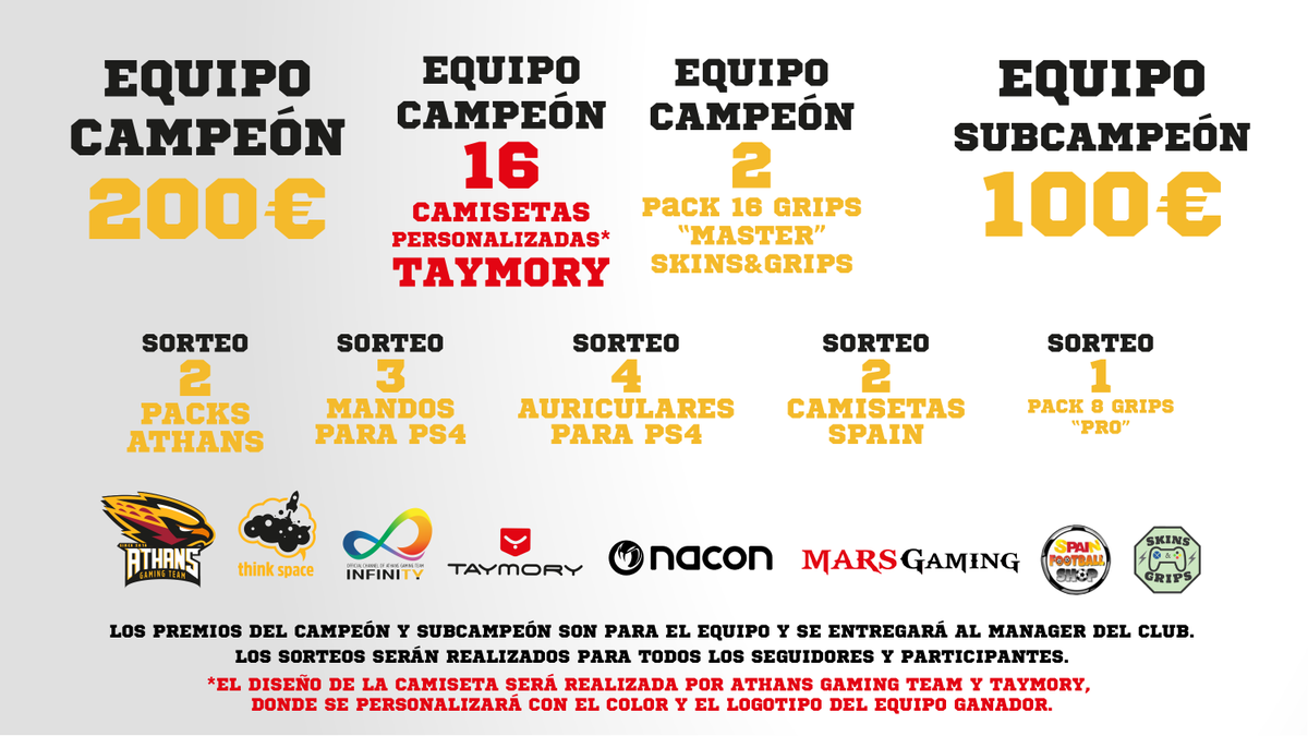 ATHANS_GG's tweet photo. 🏆 Hoy anunciamos que nuestro torneo de FIFA19 estará PATROCINADO por @Taymoryworld pasándose a llamar TAYMORY SUPERCLUBS.

Con ello, el EQUIPO CAMPEÓN recibirá 👕16 👕 camisetas personalizadas @Taymoryworld con el escudo y colores del equipo.

Apúntate en https://t.co/vXHWp9wTne https://t.co/IcolXlhuZW