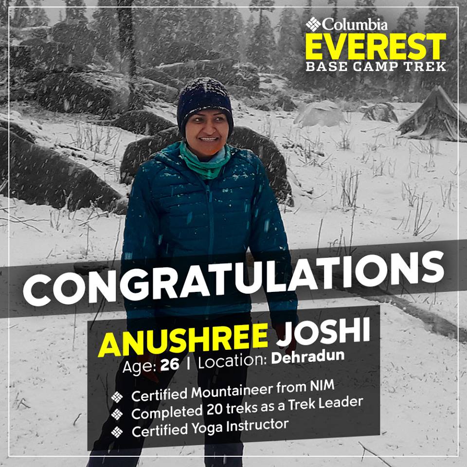 Columbia_India's tweet photo. Congratulations Anushree Joshi on becoming the second winner of the Columbia Everest Base Camp Trek 2018. Being an all-rounder in the outdoors makes you a perfect fit for this adventure. Together, let’s make this trek an experience of a lifetime. #TestedTough #ColumbiaIndia https://t.co/P0vyjJTLlx