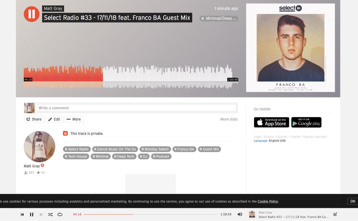 mattgraydj's tweet photo. Have a listen to Franco BA’s guest mix on my @SelectRadioApp show from Monday 🙌🙏👊
https://t.co/FTxduwgbMv
#SelectRadio #DanceMusicOnTheGo #MondaySelect #FrancoBA #GuestMix #selectradio #selectradioapp #radio #techhouse #deeptech #minimal #dj https://t.co/cZV0tFY5Qx