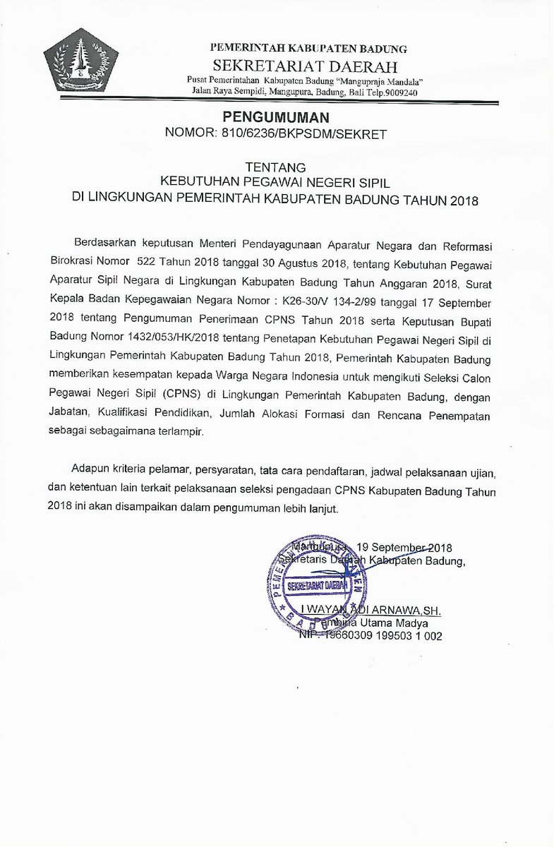 Pemkab Badung On Twitter Pengumuman Kebutuhan Cpns Kabupaten Badung Tahun 2018 Badung Badungkab Mangupura Pemkabbadung