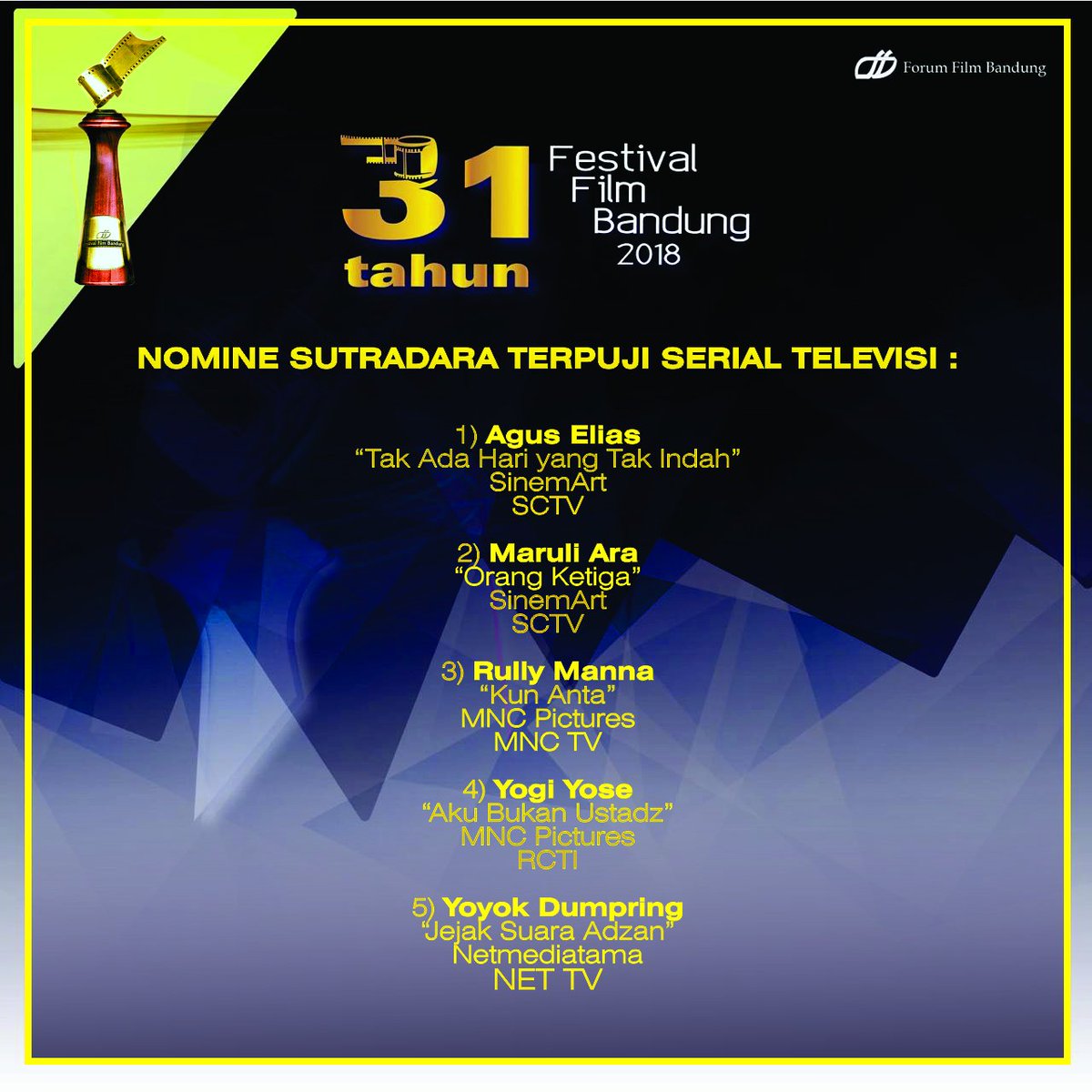 ffb87's tweet photo. NOMINE SUTRADARA TERPUJI SERIAL TELEVISI FESTIVAL FILM BANDUNG KE-31 TAHUN 2018 #NominasiFFB2018 #FFB2018 #FFBMemulaiKembalI #AgusElias #MaruliAra @rully_manna @yogiyose #YoyokDumpring https://t.co/j5uYx0jw8b