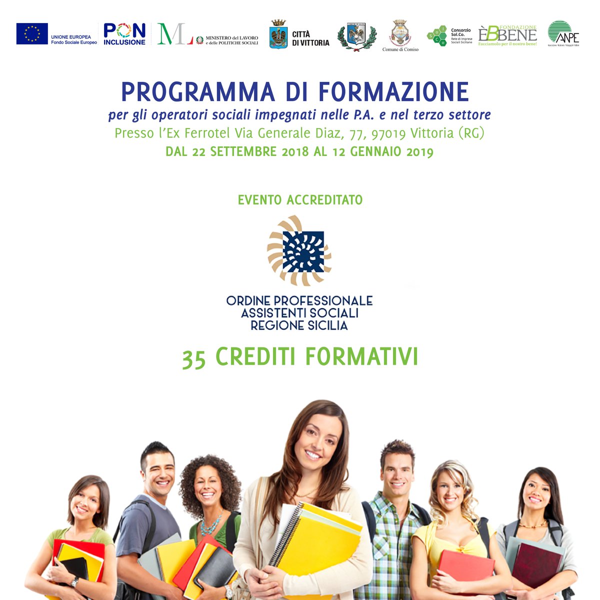 consorzio_solco's tweet photo. 📘#Formazione, #Vittoria (Ragusa), 35 crediti formativi per gli #operatori #sociali che partecipano al Corso promosso dalla #ReteSolco e @Fondazionebbene
@CroasSicilia
Info: https://t.co/GFkD1GeaCG https://t.co/KLUsbceM7K