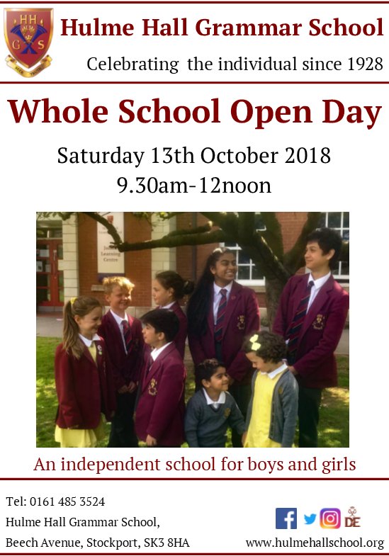 HulmeHallGS's tweet photo. We would be delighted to welcome you to our Open Day on Saturday 13th October 2018. Come and join us between 9.30am and 12noon to find out what makes our small, friendly school such a unique place. #OpenDay #ProudOfOurSchool #HHGS https://t.co/RsTwfxSBBF