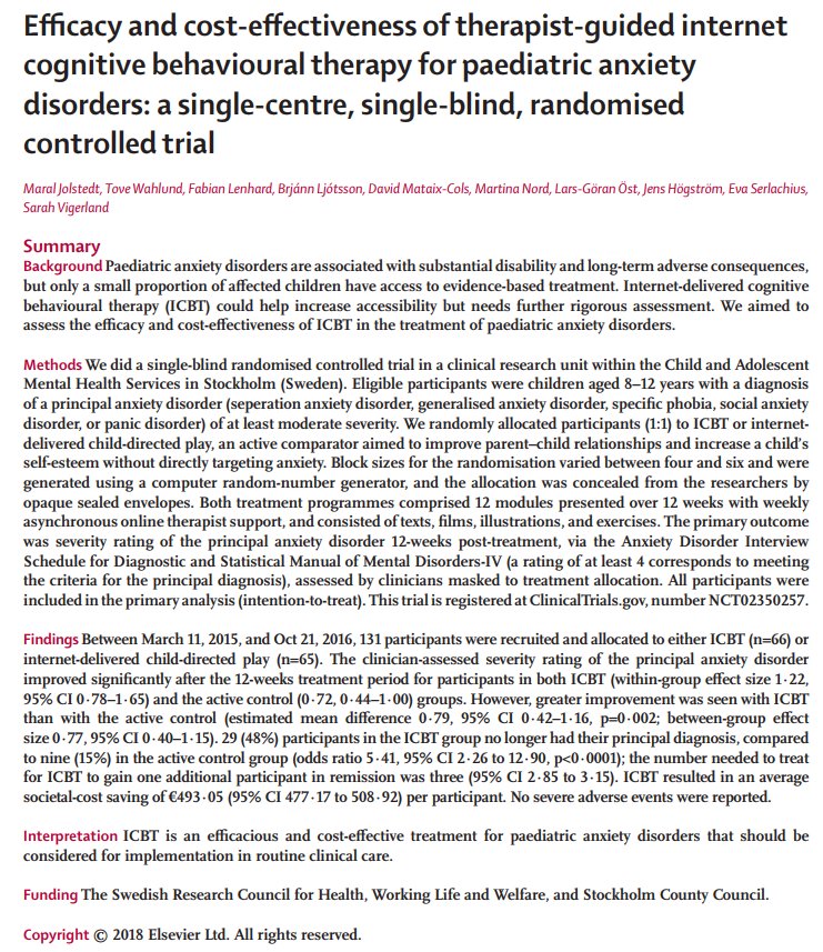 LancetChildAdol's tweet photo. A new #RCT in Sweden finds that internet-delivered CBT with limited online therapist support was more efficacious and cost-effective than internet-delivered, child-directed play (active control) for #pediatric #anxiety disorders.
https://t.co/bP3ZABktXt https://t.co/bmxkPFHZjf