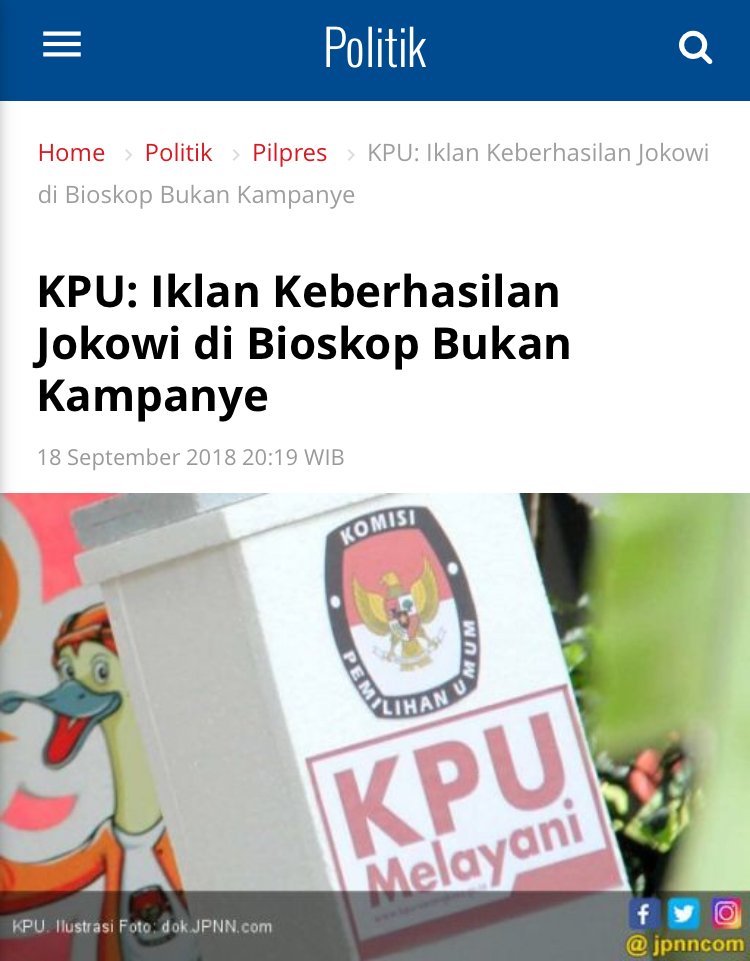 SopSeger's tweet photo. KPU menyatakan bahwa Iklan bendungan pemerintahan Jokowi di bioskop tidak mengandung Visi, Misi dan Program Capres-Cawapres
#JagaNKRI #2019KitaTetapBersaudara #JagaKerukunan https://t.co/yu2tTYUPer