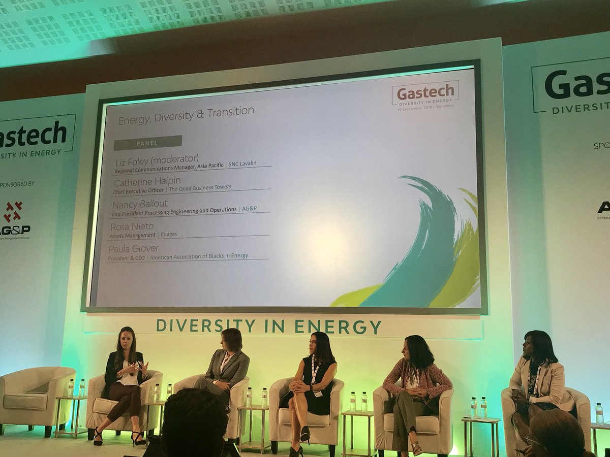 PrideInEnergy's tweet photo. The first panel of the day on Energy, Diversity and Transition; predominant discussion on how investing in diversity is simply a financial decision, “anybody who is smart knows they need a diverse workforce”. @GastechEvent #Gastech2018 #poweringequality https://t.co/6jWbWsvpKH