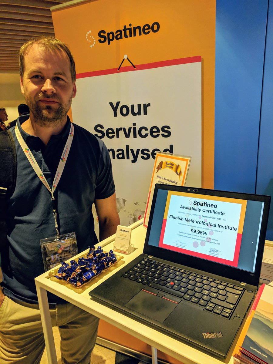 spatineo's tweet photo. Finnish Meteorological Institute's data services are incredibly reliable! Can your organisation beat 99.95% availability? Come to our stand at #INSPIRE_EU2018 to find out. Congratulations to @meteorologit &amp; @mikkovisa! #Certified by Spatineo https://t.co/hkR7h1fffB