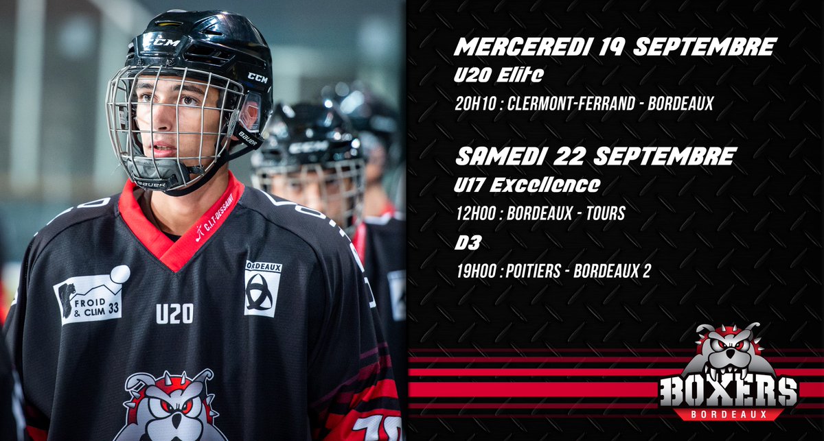 [#PôleÉlite]
Les #U20 tenteront dès ce soir de se venger de leur défaite inaugurale contre le <a href="/HCCA2/">HCCA</a>, les #U17 iront eux chez les <a href="/rempartstours/">Remparts de Tours</a> pour essayer de glaner un second succès consécutif tandis que la #D3 débutera son championnat sur la glace du <a href="/HockeySphc/">Stade Poitevin Hockey Club 86</a> !
