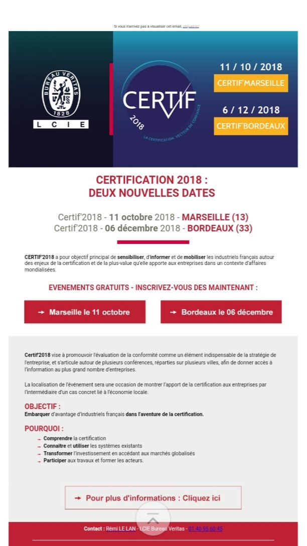 Le LCIE <a href="/BureauVeritasFr/">Bureau Veritas France</a> communique sur les prochains événements @CERTIF2018 ! session à <a href="/Marseille/">Ville de Marseille</a> @CCI_MP le 11/10 Puis à <a href="/Bordeaux/">Bordeaux</a> <a href="/UIMM3340/">UIMM Gironde-Landes</a> le 06/12
#certif2018 #conference #Certification #conformite