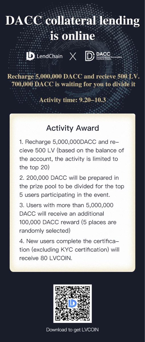 DACCblockchain's tweet photo. Shout out to all #LendChain lovers and of course our #DACC admirers! Great news on getting both #LV and #DACC tokens! What are you waiting for? Check out the link below and recharge your wallet right now! https://t.co/kGZtza6Kgf https://t.co/XT2WEMfG3H