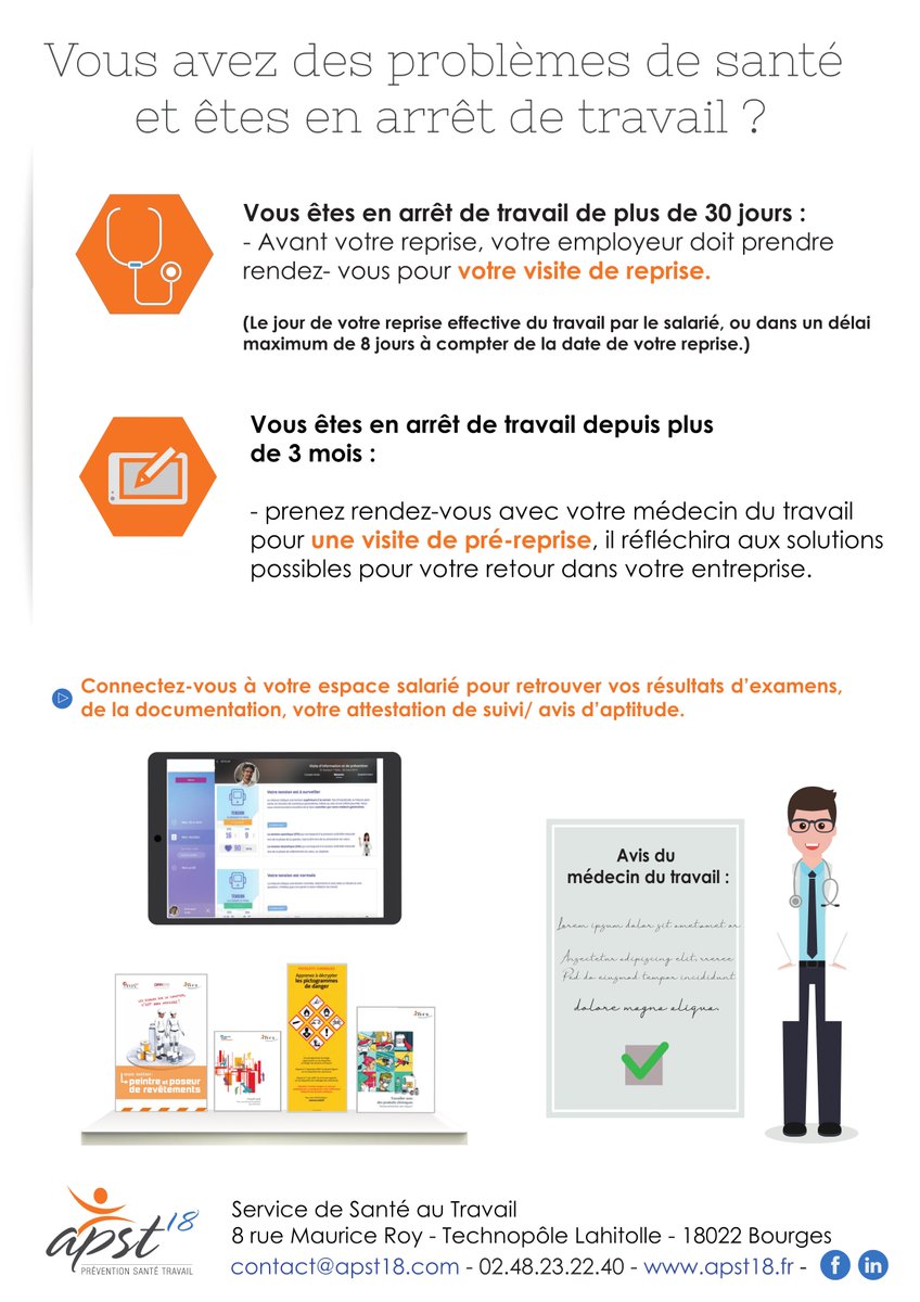 apst_18's tweet photo. [Informations]
Retrouvez très prochainement cette affiche dans les salles d’attente de vos médecins généralistes avec qui nous collaborons au profit d’une meilleure réinsertion professionnelle après un arrêt de travail 😷🤕

#APST18 #Santé #Travail #Arrêt #Maladie https://t.co/J7jiAF6kEY