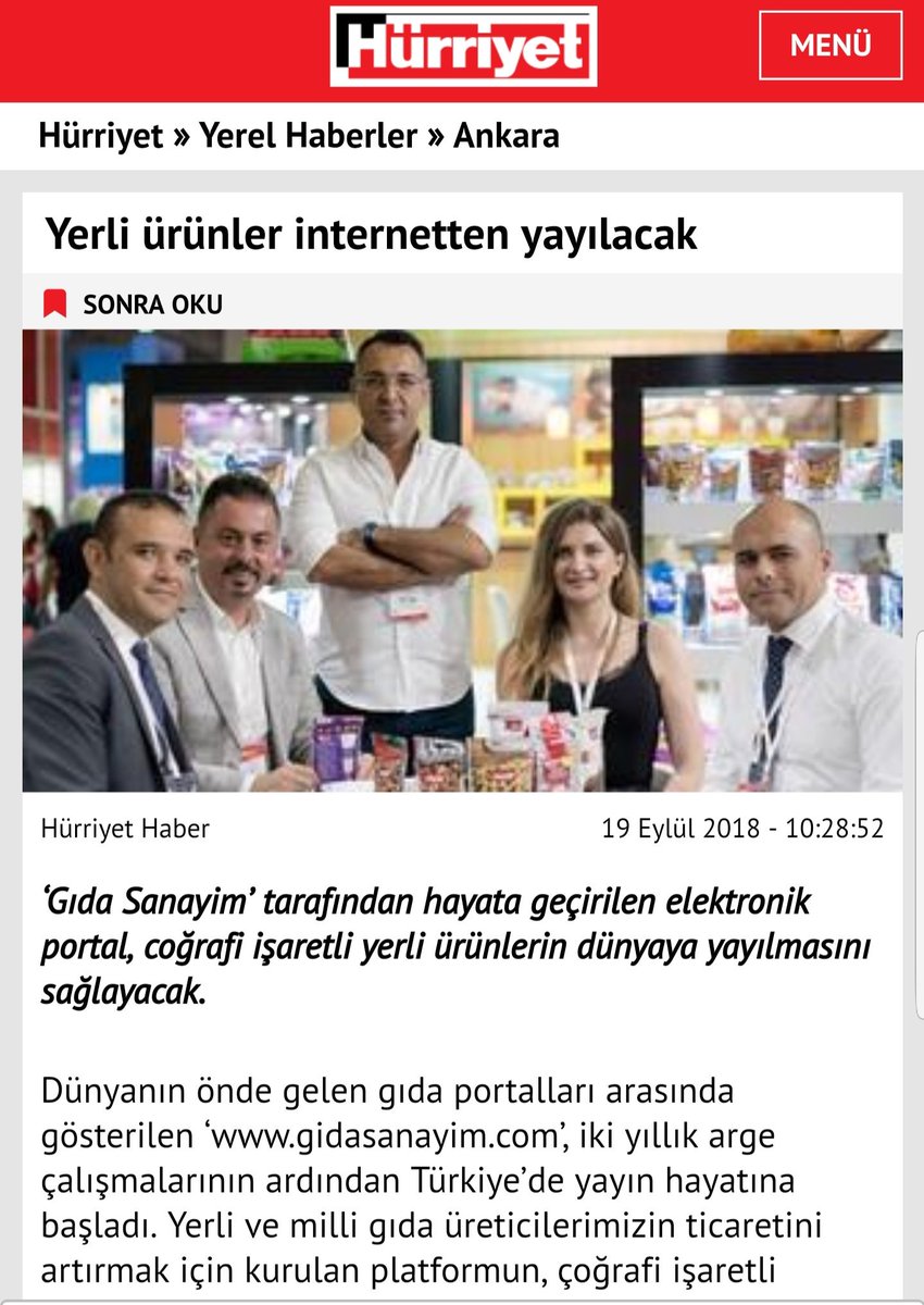 Gıda Sanayim’ tarafından hayata geçirilen elektronik portal, coğrafi işaretli yerli ürünlerin dünyaya yayılmasını sağlayacak.

hurriyet.com.tr/yerel-haberler…

#gidasanayim