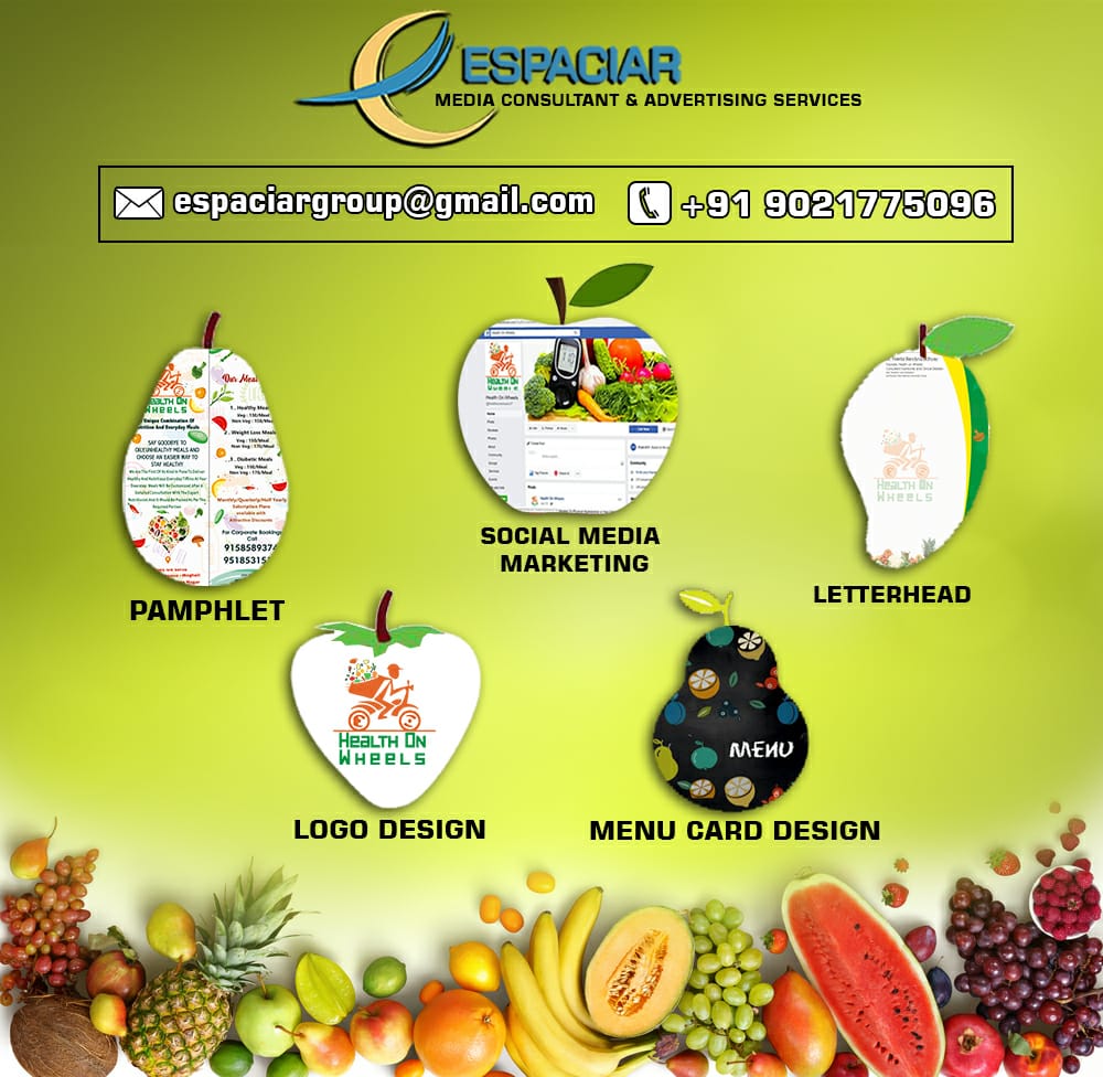 For a #healthy life it is very important to eat #nutritionfood. #Fruits & #vegetables contain vital #nutrients & #fiber.
#Healthonwheels take care of all these things & we (#Espaciar) have take care of their #branding like #Logodesign #Pamphlet #Socialmediamarketing #Letterhead