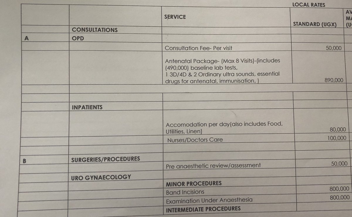 MinofHealthUG's tweet photo. A breakdown of the costs of the different services offered at the newly open Mulago Specialized Women and Neonatal Hospital https://t.co/T7Vimmur4W