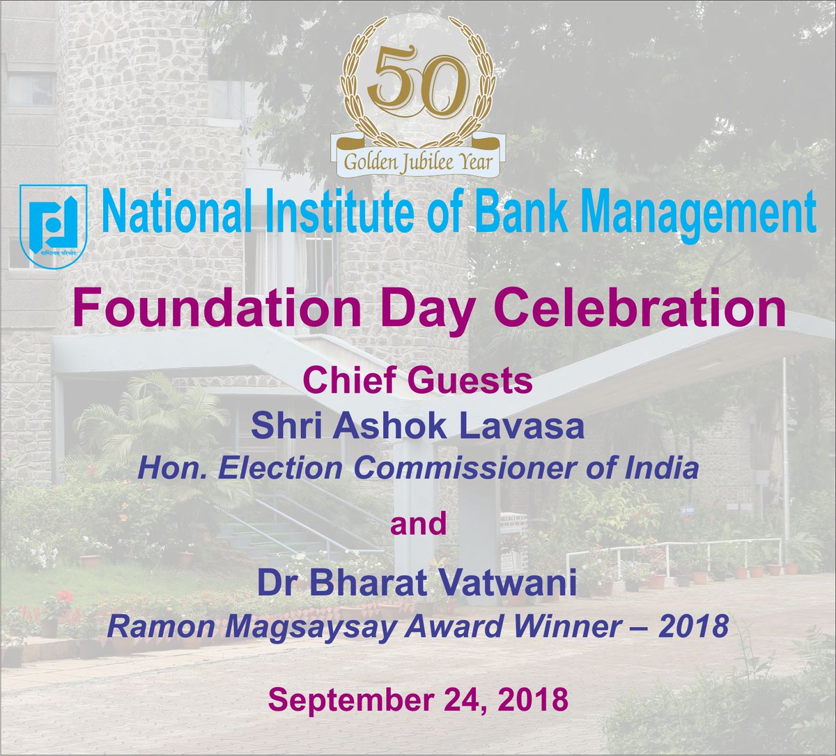 NibmTwit's tweet photo. NIBM enters its glorious Golden Jubilee year. Join us for the Foundation Day Celebration on 24th September, 2018 @NibmTwit https://t.co/PSWMxAexVL