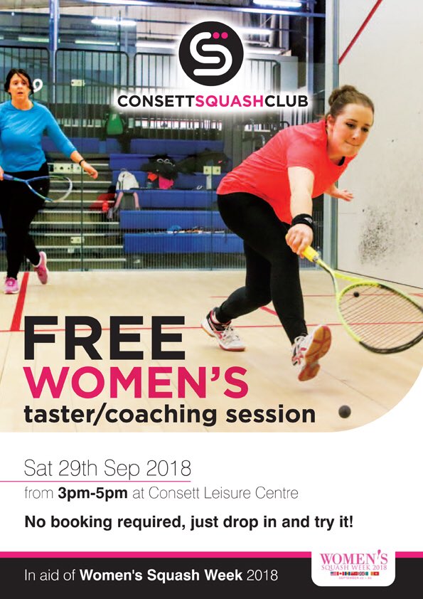 <a href="/consett_squash/">Consett Squash Club</a> is holding a free women’s taster/coaching session <a href="/consett_squash/">Consett Squash Club</a> Sat 29th Sept 3-5pm no booking req just ‘drop’ in and try it, everyone welcome! Pls RT <a href="/NbriaSquash/">Northumbria Squash</a> #consettsquashclub #squash #northumbriasquash