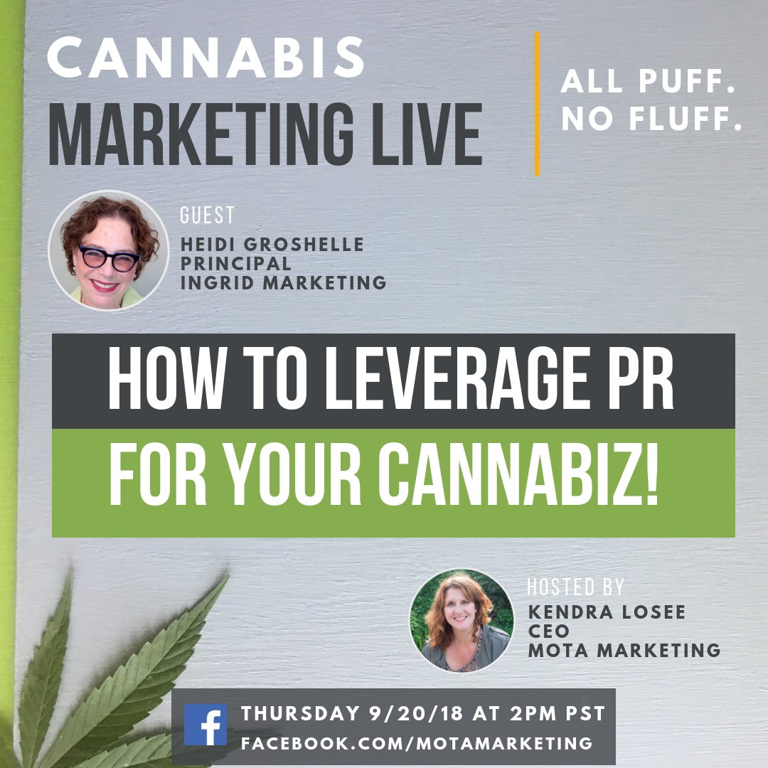 IngridComm's tweet image. Join our very own @HeidiGro1 of #IngridMarketing for a live #cannabismarketing interview! She's sharing industry secrets on how to leverage PR for your #cannabiz.

Hosted by @motamarketing. Tune in tomorrow on their Facebook page at 2pm PST! bit.ly/2xxDi9e #cannabis