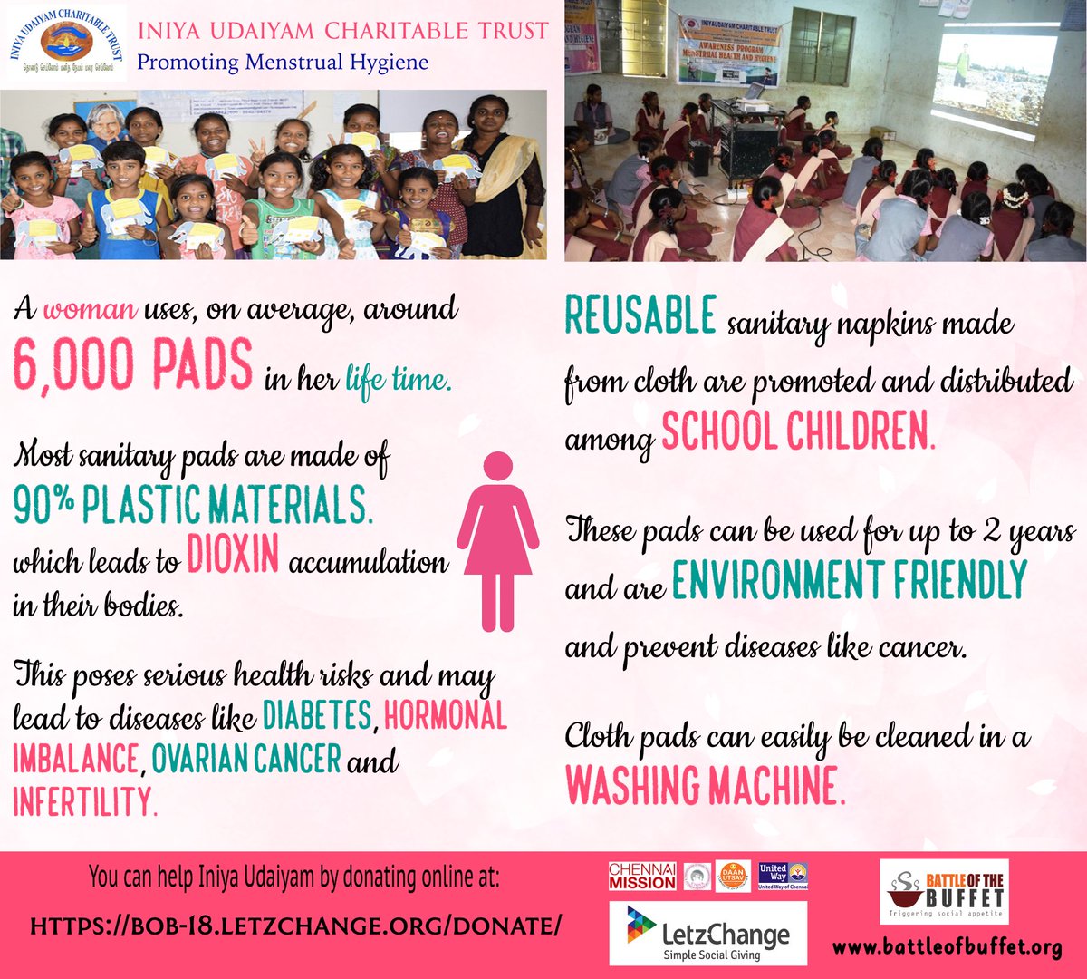 BattleotBuffet's tweet photo. Iniya Udaiyam Charitable Trust (IUCT) is trying to spread awareness about menstrual health amongst the girls studying in government schools in and around Avadi and Poonamallee block. 

Help them by donating to them at https://t.co/gu9hH8clOC
 #CrowdFund #GirlChild @Letz_Change https://t.co/oVMzZJRsWy
