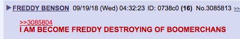 There& #39;s a QAnon skeptic named Freddy Benson who& #39;s spamming 8chan& #39;s /qresearch/ board with all caps posts and he& #39;s pretty rad.