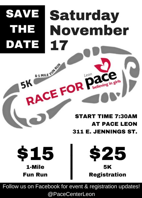 PACECenterLeon's tweet photo. Start training now! The RACE for PACE - 5K and 1-Mile Fun Run is coming up November 17th.  https://t.co/pfyDcGLpT3 https://t.co/YhHaRMQRa2