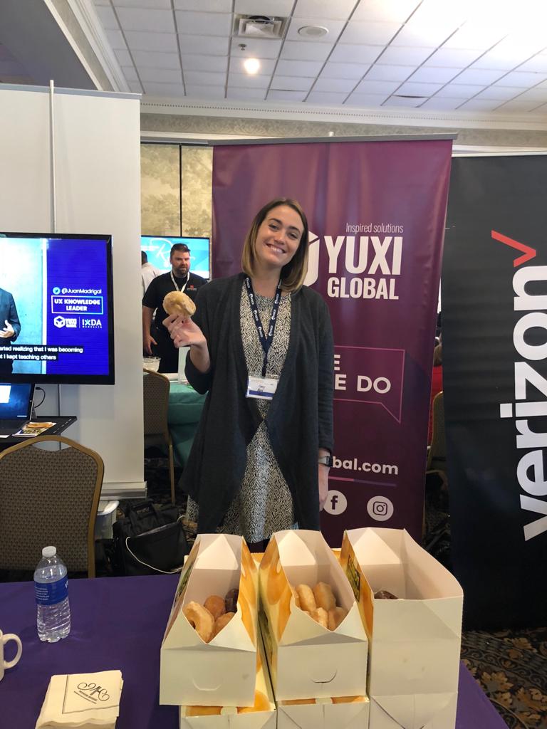 YuxiGlobal's tweet photo. Cassy Kohs from @VacoGlobal came by to have a donut with us!! #ComSpark2018 #YuxiEvents https://t.co/CQq8SA6aRN