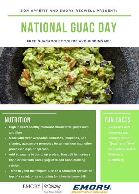 Emory_Dining's tweet photo. We're partnering with Emory Rec &amp; Wellness to bring you our house-made guac samples (first come, first serve - don't miss out!), chips, and super helpful information about the nutritional benefits in guacamole!
Noon-2pm for #WellnessWednesday today! #oneemory #emoryeats https://t.co/zE6ZIFtCJ6