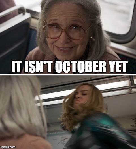 FallLover2's tweet photo. When people try to convince you not to put up Fall decorations yet. #CaptainMarvel #WednesdayWisdom #HalloweenMovie  #Halloween #Autumn #Fall https://t.co/Hb9OyLmIg8