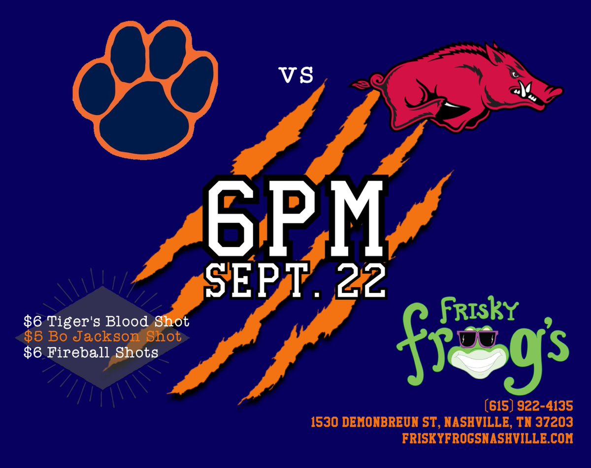 FriskyFrogs's tweet photo. Head over to Frisky Frogs to watch Auburn vs Arkansas State this Saturday!!! Kick off at 6pm! #FriskyFrogsNashville #AuburnUniversity #AuburnTigers #CollegeFootball https://t.co/9vxOcrAIWS